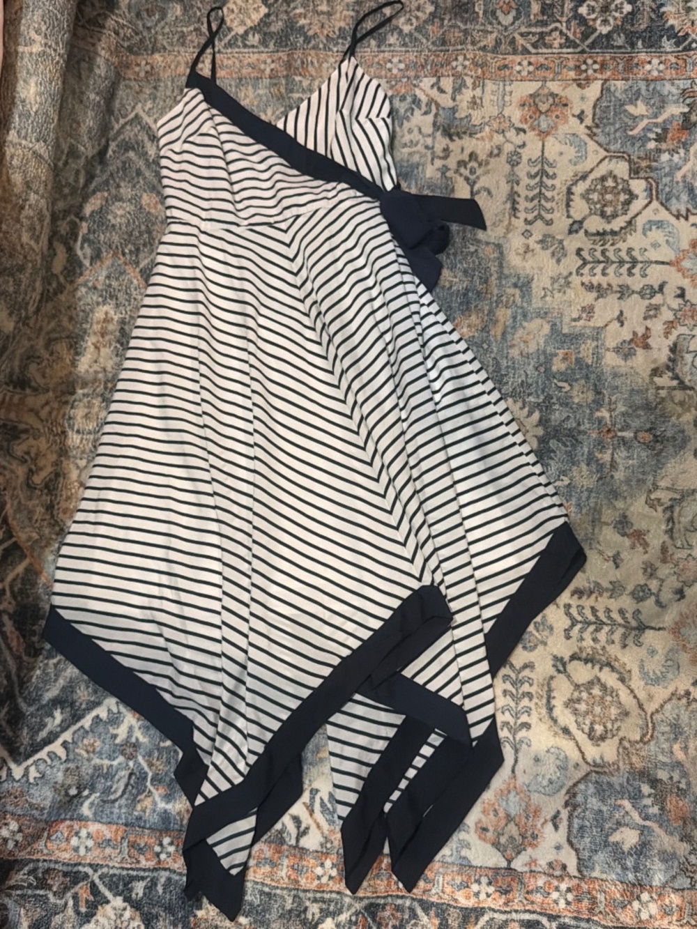 Banana republic, white, and navy blue floaty striped dress with bow